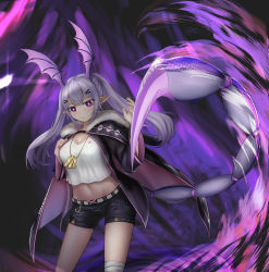 Rule 34 | 1girl, absurdres, arknights, bandages, bandaged leg, bandages, bat wings, black jacket, breasts, commentary request, dog tags, fur-trimmed jacket, fur trim, head wings, highres, jacket, light purple hair, long hair, looking at viewer, manticore (arknights), medium breasts, monster girl, navel, pointy ears, purple eyes, scorpion tail, shirt, shorts, solo, tail, twintails, ueex8752, white shirt, wings