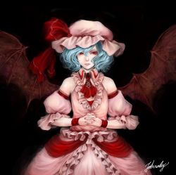 Rule 34 | 1girl, artist name, ascot, bat wings, black background, blue hair, brooch, detached sleeves, dress, own hands clasped, hat, hat ribbon, jewelry, johnalay, looking at viewer, mob cap, nail polish, own hands together, pink dress, red eyes, red nails, remilia scarlet, ribbon, short hair, signature, solo, spread wings, touhou, upper body, wavy hair, wings, wrist cuffs