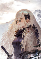 Rule 34 | 1girl, absurdres, bird, black gloves, blonde hair, blunt bangs, blush, bow, branch, commentary, gloves, hair bow, highres, katana, long hair, looking to the side, messy hair, mountain, original, outdoors, owl, parted lips, pointy ears, revision, ribbed sweater, slit pupils, solo, sunglasses, sweater, sword, toriumi harumi, upper body, weapon, yellow eyes