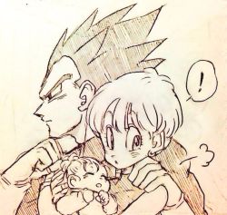 Rule 34 | !, 1boy, 2girls, :o, puff of air, baby, baby carry, black eyes, black hair, bra (dragon ball), bulma, carrying, clenched hands, dragon ball, dragonball z, earrings, family, father and daughter, frown, gloves, hand on another&#039;s shoulder, jewelry, looking at another, monochrome, mother and daughter, multiple girls, open mouth, ponytail, short hair, simple background, sleeping, speech bubble, spiked hair, tkgsize, vegeta