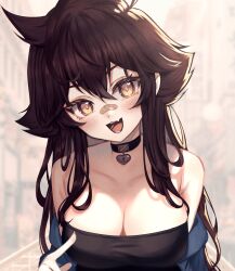 Rule 34 | 1girl, :3, absurdres, bandaid, bandaid on face, bandaid on nose, bare shoulders, black choker, black shirt, blurry, blurry background, blush, breasts, brown hair, choker, cleavage, collarbone, fang, head tilt, heart, heart choker, highres, large breasts, leaning forward, long hair, looking at viewer, messy hair, off-shoulder shirt, off shoulder, open mouth, original, pointing, shirt, sidelocks, skin fang, sky above me, smile, solo, strapless, tube top, upper body, very long hair, yellow eyes