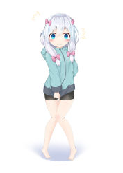 Rule 34 | 1girl, ^^^, absurdres, barefoot, bike shorts, black shorts, blue eyes, blush, bow, closed mouth, clothes tug, covering privates, covering crotch, eromanga sensei, full body, green jacket, hair between eyes, hair bow, highres, hood, hood down, hooded jacket, izumi sagiri, jacket, jacket tug, knees together feet apart, looking at viewer, pink bow, shorts, silver hair, solo, standing, tears, tiptoes, white background, yasuhisa (18456628)