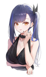 Rule 34 | 1girl, black collar, black dress, black nails, blue hair, breast hold, breasts, brown eyes, cleavage, closed mouth, collar, collarbone, cropped torso, dress, gnns, highres, light smile, long hair, looking at viewer, medium breasts, multicolored hair, nail polish, original, side ponytail, sidelocks, simple background, sleeveless, sleeveless dress, solo, streaked hair, upper body, very long hair, virtual youtuber, white background