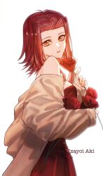 Rule 34 | 1girl, alternate costume, brown jacket, character name, commentary, dress, english commentary, flower, hands up, highres, holding, holding flower, izayoi aki, jacket, jewelry, naoki (2rzmcaizerails6), necklace, open clothes, open jacket, parted bangs, pearl necklace, red dress, red flower, red hair, red rose, rose, short hair with long locks, simple background, solo, upper body, white background, yu-gi-oh!, yu-gi-oh! 5d&#039;s