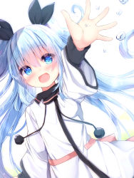 Rule 34 | 1girl, :d, black ribbon, blue eyes, blue hair, blush, commentary request, dress, dutch angle, hair between eyes, hair ribbon, highres, kouda suzu, long hair, long sleeves, noel (sora no method), open mouth, outstretched arm, pom pom (clothes), ribbon, smile, solo, sora no method, twintails, very long hair, water drop, white background, white dress, wide sleeves