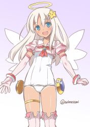 Rule 34 | 1girl, angel wings, aoi masami, blue eyes, cosplay, crop top, djibril (makai tenshi djibril), djibril (makai tenshi djibril) (cosplay), elbow gloves, gloves, hair ornament, halo, kantai collection, long hair, makai tenshi djibril, one-piece swimsuit, open mouth, ro-500 (kancolle), school swimsuit, smile, solo, star (symbol), swimsuit, tan, tanline, thighhighs, white hair, white one-piece swimsuit, white school swimsuit, wings