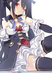 Rule 34 | 1girl, arm support, artist request, black hair, blush, breasts, buran buta, cleavage, dress, hair ribbon, highres, large breasts, legs, looking at viewer, neptune (series), noire (neptunia), one eye closed, red eyes, ribbon, sitting, skirt, smile, solo, thighs, twintails