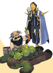 Rule 34 | 2boys, avicebron (fate), beard, blonde hair, blue cape, blush, bucket, cabbage, cape, carrot, cross, crossover, dungeon meshi, dwarf, facial hair, fake horns, fate/grand order, fate (series), food, gardening, golem, hat, highres, holding, holding carrot, holding cross, holding food, holding vegetable, horned headwear, horns, long hair, male focus, mechanical legs, multiple boys, mustache, nose blush, oneroom-disco, senshi (dungeon meshi), shovel, simple background, spikes, squatting, standing, straw hat, striped, vegetable, vertical stripes, white background