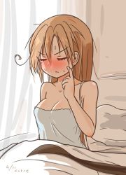 Rule 34 | 1girl, :&lt;, ahoge, akigumo (kancolle), bed, blanket, blush, breasts, cleavage, closed eyes, curse (023), dated, finger to cheek, hair between eyes, hair down, highres, kantai collection, light brown hair, long hair, medium breasts, messy hair, mole, mole under eye, morning, nose blush, pillow, signature, solo, sweat, tank top, white tank top
