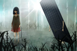 Rule 34 | 1girl, bad id, bad pixiv id, barefoot, blunt bangs, cable, forest, full body, holding, holding cable, computer keyboard, nature, original, outdoors, rarako, see-through, standing, water, wetland, what