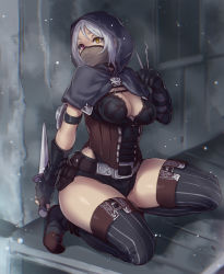 Rule 34 | 1girl, :&lt;, arm guards, assassin, belt, boots, breasts, choker, cleavage, corset, fingerless gloves, gloves, half mask, heterochromia, highres, holding, hood, houtengeki, kneeling, knife, large breasts, lockpick, mask, original, red eyes, reverse grip, short hair, silver hair, solo, striped clothes, striped thighhighs, thick thighs, thigh boots, thighhighs, thighs, vertical-striped clothes, vertical-striped thighhighs, weapon, yellow eyes