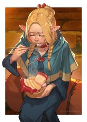 Rule 34 | 1girl, blue capelet, blue robe, bowl, braid, capelet, chopsticks, closed eyes, commentary, crystalreydraws, dungeon meshi, eating, elf, food, highres, holding, holding bowl, holding chopsticks, light blush, marcille donato, multiple braids, noodles, pointy ears, robe, sitting, solo, twitter username