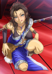 Rule 34 | 10s, 1girl, breasts, brown hair, earrings, final fantasy, final fantasy xiii, green eyes, jewelry, kneeling, large breasts, legs, long hair, naughty face, necklace, oerba yun fang, shibire hitsuji, solo, square enix, tongue, tongue out