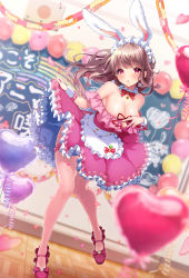 Rule 34 | 1girl, :o, absurdres, animal ears, balloon, bell, blurry, blurry foreground, blush, breasts, brown hair, chalkboard, classroom, cleavage, closed mouth, collar, dress, earrings, fake animal ears, floating hair, frilled collar, frilled dress, frills, heart, highres, indoors, jewelry, large breasts, lips, long hair, looking at viewer, maid headdress, neck bell, off-shoulder dress, off shoulder, original, pink dress, pink eyes, pink footwear, pom pom (clothes), pom pom earrings, rabbit ears, red ribbon, ribbon, rifuru, skirt hold, solo