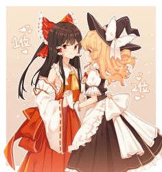Rule 34 | 2girls, apron, ascot, bare shoulders, black hair, black headwear, blush, bow, braid, brown eyes, commentary request, detached sleeves, frilled apron, frilled bow, frilled shirt collar, frills, from side, gloves, hair bow, hair ribbon, hair tubes, hajin, hakurei reimu, hand on another&#039;s hip, hat, hat bow, heart, holding hands, interlocked fingers, japanese clothes, kirisame marisa, long hair, long sleeves, looking at viewer, miko, multiple girls, orange eyes, orange hair, outline, petticoat, ponytail, profile, puffy short sleeves, puffy sleeves, red bow, red ribbon, ribbon, ribbon-trimmed sleeves, ribbon trim, sarashi, shirt, short sleeves, side braid, sidelocks, simple background, single braid, skirt, skirt set, smile, standing, tan background, touhou, vest, waist apron, wavy hair, white apron, white bow, white gloves, white outline, wide sleeves, witch hat, yellow ascot, yuri