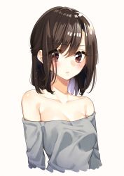 Rule 34 | 1girl, :o, absurdres, bare shoulders, blush, breasts, brown hair, cleavage, collarbone, commentary request, cropped torso, grey shirt, highres, looking at viewer, medium breasts, off-shoulder shirt, off shoulder, original, parted lips, red eyes, sakuragi ren, shirt, short hair, simple background, solo, white background