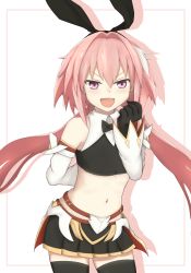 Rule 34 | 1boy, arm behind back, astolfo (fate), astolfo (saber) (fate), bare shoulders, black bow, black gloves, black ribbon, black thighhighs, blush, bow, bowtie, commentary request, fang, fate/grand order, fate (series), gloves, hair between eyes, hair bow, hair intakes, hair ribbon, highres, long hair, long sleeves, looking at viewer, male focus, multicolored hair, navel, pink hair, purple eyes, ribbon, simple background, smile, solo, streaked hair, syuteki, thighhighs, trap, twintails, white background, white hair