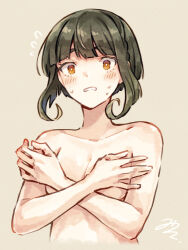 Rule 34 | 1girl, blunt bangs, blush, breasts, covering breasts, covering privates, cropped torso, flying sweatdrops, green hair, grey background, kantai collection, looking at viewer, miroku san-ju, nude, orange eyes, signature, simple background, small breasts, solo, sweat, takanami (kancolle), upper body