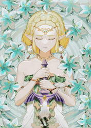Rule 34 | 1girl, absurdres, bead necklace, beads, blonde hair, braid, broken, broken sword, broken weapon, circlet, closed eyes, closed mouth, commentary request, crown braid, dress, drop earrings, earrings, facing viewer, from above, highres, holding, holding sword, holding weapon, jewelry, lying, master sword, necklace, nintendo, official alternate costume, on back, pointy ears, princess zelda, silent princess, sleeveless, sleeveless dress, solo, strapless, strapless dress, sword, teardrop facial mark, the legend of zelda, the legend of zelda: tears of the kingdom, tsujieiri, upper body, weapon, white dress