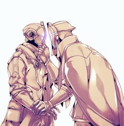 Rule 34 | 2boys, bondrewd, border, coat, commentary request, covered eyes, covered face, cowboy shot, face-to-face, formal, gloves, greyscale, gueira, hand grab, hand under chin, helmet, high collar, highres, holding hands, made in abyss, male focus, mask, masked, masked male, monochrome, multiple boys, open clothes, open coat, overcoat, pants, restricted palette, shirt, spes 2323, standing, suit, yaoi