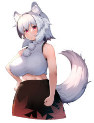 Rule 34 | 1girl, animal ear fluff, animal ears, bad id, bad twitter id, betei, breasts, commentary request, hand on own hip, highres, inubashiri momiji, large breasts, looking at viewer, midriff, navel, no headwear, pink eyes, shirt, short hair, simple background, skirt, sleeveless, sleeveless shirt, solo, tail, touhou, white background, white hair, white shirt, wolf ears, wolf tail