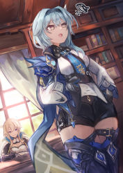 Rule 34 | 2girls, black hairband, black leotard, blonde hair, blue eyes, blue hair, blue neckwear, book, bookshelf, boots, breasts, cape, capelet, cleavage, commentary, curtains, elxion, english commentary, eula (genshin impact), genshin impact, gloves, hair between eyes, hair ornament, hairband, highres, holding, holding paper, holding pen, indoors, jean (genshin impact), leotard, long hair, long sleeves, medium breasts, medium hair, multiple girls, necktie, open mouth, paper, pen, ponytail, sidelocks, smile, squiggle, thigh boots, thighhighs, vision (genshin impact), window, yellow eyes