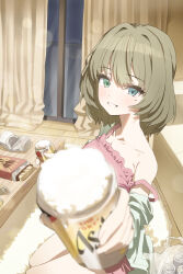 Rule 34 | 1girl, absurdres, alcohol, applepie (12711019), asahi breweries, beer, beer can, blush, bob cut, camisole, can, carpet, collarbone, curtains, drink can, food, foreshortening, green hair, heterochromia, highres, holding, holding can, idolmaster, idolmaster cinderella girls, incoming food, indoors, looking at viewer, looking to the side, mole, mole under eye, pink camisole, pocky, single bare shoulder, sitting, smile, strap slip, takagaki kaede