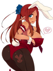 Rule 34 | 1girl, animal ears, ass, bare shoulders, blue eyes, breasts, dark-skinned female, dark skin, fake animal ears, highres, huge breasts, leotard, long hair, maid-chan (maze), maze (gochama ze gohan), original, pantyhose, playboy bunny, pointy ears, ponytail, rabbit ears, rabbit tail, red hair, simple background, solo, tail, white background