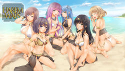 Rule 34 | 6+girls, anklet, armlet, ass, barefoot, beach, breasts, cleavage, earrings, feet, hair ornament, harem outfit, harem wars (game), jewelry, kopianget, large breasts, lingerie, medium breasts, multiple girls, ocean, one eye closed, sand, small breasts, soles, toes, underwear