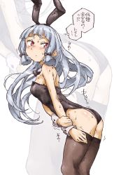 Rule 34 | 1girl, alternate costume, ass, bare shoulders, black bow, black bowtie, black hairband, black leotard, black thighhighs, blue hair, blunt bangs, blush, bow, bowtie, breasts, closed mouth, detached collar, female focus, from side, hair bow, hairband, have to pee, highres, japanese text, kantai collection, koorimizu, leaning forward, leotard, long hair, looking back, murakumo (kancolle), nervous, nose blush, playboy bunny, red eyes, shiny skin, skindentation, small breasts, solo, standing, strapless, strapless leotard, sweat, text focus, thighhighs, thought bubble, translation request, wrist cuffs, zoom layer