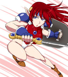 Rule 34 | 1girl, armor, breasts, full body, holding, holding sword, holding weapon, large breasts, leotard, mail (popful mail), ml, pointy ears, popful mail, red armor, red hair, shield, solo, sword, thighs, weapon