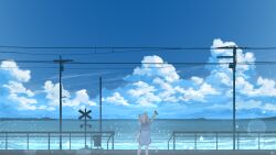 Rule 34 | 1girl, animal ears, blue dress, blue sky, cat ears, cat girl, cat tail, chinese commentary, cloud, commentary request, day, dress, highres, holding, horizon, light particles, ocean, original, outdoors, power lines, rune xiao, scenery, short hair, sign, signature, sky, solo, standing, tail, utility pole, white hair