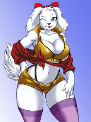 Rule 34 | 1girl, :p, absurdres, blue eyes, bow, breasts, cleavage, cosplay, curvy, dog girl, fay spaniel, faye valentine, furry, furry female, gluteal fold, hair bow, hand on own hip, high collar, highres, large breasts, lyn kai, midriff, navel, nintendo, one eye closed, shorts, star fox, star fox 2, suspenders, tail, thick thighs, thighhighs, thighs, tongue, tongue out, white hair, wide hips, wink