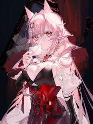 Rule 34 | 1girl, absurdres, animal ear fluff, animal ears, arknights, black background, black dress, breasts, cleavage, commentary, covering own mouth, dress, flower, furittsu, highres, holding, holding letter, jacket, large breasts, letter, long hair, looking at viewer, pink eyes, pink hair, pozyomka (arknights), red background, red dress, red flower, red rose, rose, solo, upper body, white jacket, wolf ears, wolf girl