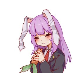 Rule 34 | 1girl, animal ears, black jacket, carrot, closed eyes, closed mouth, collared shirt, crescent, crescent pin, eating, food, holding, holding carrot, holding food, jacket, long hair, long sleeves, necktie, pink hair, rabbit ears, red necktie, reisen udongein inaba, shilaimu cankuai, shirt, simple background, solo, touhou, white background, white shirt