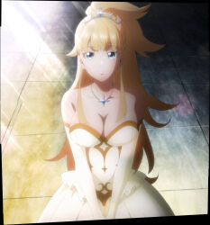 Rule 34 | 1girl, bare shoulders, blonde hair, blue eyes, breasts, cleavage, collarbone, dress, highres, jewelry, kekkon yubiwa monogatari, large breasts, long hair, looking at viewer, necklace, nonaka himeno, smile, stitched, third-party edit