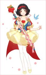 Rule 34 | 1girl, adapted costume, armor, bird, black hair, bow, brown eyes, bubble skirt, cape, choker, disney, flower, hair bow, hair ribbon, hakusai (tiahszld), high collar, looking at viewer, magical girl, open mouth, pantyhose, pauldrons, puffy short sleeves, puffy sleeves, ribbon, short hair, short sleeves, shoulder armor, simple background, skirt, smile, snow white (disney), snow white and the seven dwarfs, solo, staff, white background, white pantyhose