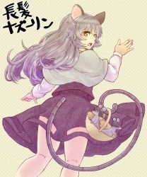 Rule 34 | 1girl, animal ears, basket, black skirt, blush, brown eyes, capelet, commentary, feet out of frame, fingernails, from behind, grey background, grey capelet, grey hair, hand up, helmet, highres, holding, holding with tail, kneepits, long hair, long sleeves, looking at viewer, looking back, medium skirt, mouse (animal), mouse ears, mouse girl, mouse tail, natsushiro, nazrin, outstretched arm, polka dot, polka dot background, prehensile tail, skirt, solo, standing, tail, teeth, touhou, translated, upper teeth only