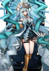 Rule 34 | 1girl, absurdres, angelfish, arknights, bare shoulders, black dress, black gloves, blue hair, boots, breasts, brown footwear, detached sleeves, dress, fish, front ponytail, gloves, highres, knee boots, long hair, long sleeves, medium breasts, official alternate costume, parted lips, red eyes, shawl, skadi (arknights), skadi the corrupting heart (arknights), skadi the corrupting heart (sublimation) (arknights), solo, strapless, strapless dress, thigh strap, very long hair, wawamachi (wawamachis), white dress, white headwear