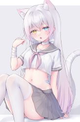 Rule 34 | 1girl, :o, absurdres, animal ears, bandages, bandaid, blue eyes, blush, breast pocket, breasts, cat ears, cat girl, cat tail, choker, commentary request, crop top, crop top overhang, extra ears, gradient hair, grey skirt, hand up, heterochromia, highres, knees together feet apart, long hair, looking at viewer, midriff, miniskirt, multicolored hair, navel, neckerchief, open mouth, original, panties, pantyshot, pink hair, pleated skirt, pocket, revealing clothes, sailor collar, school uniform, serafuku, shano hiyori, shirt, short sleeves, sitting, skirt, small breasts, stomach, tail, thighhighs, thighs, two-tone hair, underwear, very long hair, white choker, white hair, white panties, white shirt, white thighhighs, yellow eyes