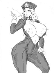 Rule 34 | 1girl, absurdres, alternate breast size, andou hiroyuki, andou hiroyuki, animal collar, boku no hero academia, bouncing breasts, breasts, breasts out, cameltoe, collar, curvy, hand on own hip, highres, large areolae, large breasts, long hair, looking to the side, monochrome, nipples, no bra, simple background, solo, translation request, utsushimi kemii