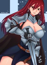 Rule 34 | 1girl, armor, belt, breasts, cape, cleavage, earrings, erza scarlet, fairy tail, jewelry, large breasts, long hair, red hair, solo, sword, weapon