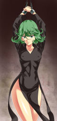 Rule 34 | 1girl, arms up, bdsm, bondage, breasts, chained, covered navel, curly hair, dress, covered erect nipples, green eyes, green hair, groin, highres, imminent rape, kamo (nobuhide19790717), one-punch man, pelvic curtain, restrained, short hair, small breasts, solo, tatsumaki