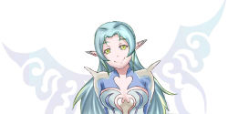 Rule 34 | 1girl, blue hair, breasts, dress, green eyes, long hair, muzet (tales), pointy ears, simple background, smile, solo, tales of (series), tales of xillia, wings