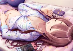 Rule 34 | 1girl, absurdres, bed sheet, breasts, cellphone, closed eyes, collarbone, commentary, debi tarou, drooling, hair between eyes, hand up, head on pillow, highres, idolmaster, idolmaster shiny colors, long hair, long sleeves, lying, masuku (saint mask), navel, nintendo switch, on back, open mouth, osaki tenka, pajamas, phone, polka dot, saliva, sleeping, smartphone, smartphone case, solo, stuffed toy, wavy mouth