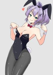 Rule 34 | 1girl, alternate costume, animal ears, armpits, azur lane, bare shoulders, black leotard, blush, bow, bowtie, breasts, c:, cleavage, clenched hand, collarbone, commentary request, detached collar, edoara, fake animal ears, fake tail, fishnet pantyhose, fishnets, green eyes, grey background, hair between eyes, hair ornament, hair ribbon, hairband, hairclip, heart, javelin (azur lane), leotard, leotard tug, long hair, looking at viewer, pantyhose, playboy bunny, ponytail, purple hair, rabbit ears, rabbit tail, ribbon, sidelocks, simple background, smile, solo, strapless, strapless leotard, tail