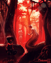 Rule 34 | 1girl, aniece (nitrotitan), antenna hair, bad id, bad tumblr id, blood, bodysuit, dark skin, demon girl, forest, hiding, highres, hood, hood down, lamia, modeseven, monster, monster girl, nature, original, outdoors, pool of blood, red eyes, red theme, short twintails, tree, twintails, wading