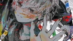 Rule 34 | 1boy, arm up, black sweater, fingernails, grey eyes, hair between eyes, highres, holding, long fingernails, long sleeves, looking at viewer, male focus, original, paint, paint splatter, paint splatter on face, paint tube, paintbrush, parted lips, solo, sweater, tekito midori, upper body, white hair