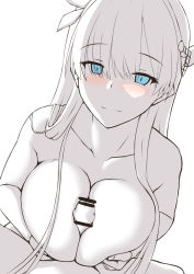 Rule 34 | 1boy, 1girl, anastasia (fate), blue eyes, blush, breasts squeezed together, breasts, censored, completely nude, fate/grand order, fate (series), hair ornament, hetero, highres, large breasts, long hair, looking at viewer, monochrome, nipples, nude, paizuri, penis, pov, solo focus, upper body, yua (argaoffroad)
