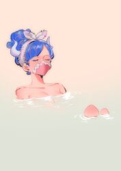 Rule 34 | bath, bathing, blue hair, breasts, closed eyes, covered mouth, curled horns, dinosaur girl, hair up, horns, large breasts, mask, mouth mask, multicolored hair, one piece, partially submerged, pink hair, pink mask, raine (acke2445), streaked hair, ulti (one piece), water